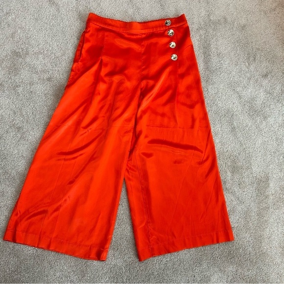 Zara RARE Orange Satin Effect cropped pants wide leg culottes gold buttons Sz XL - Picture 3 of 15